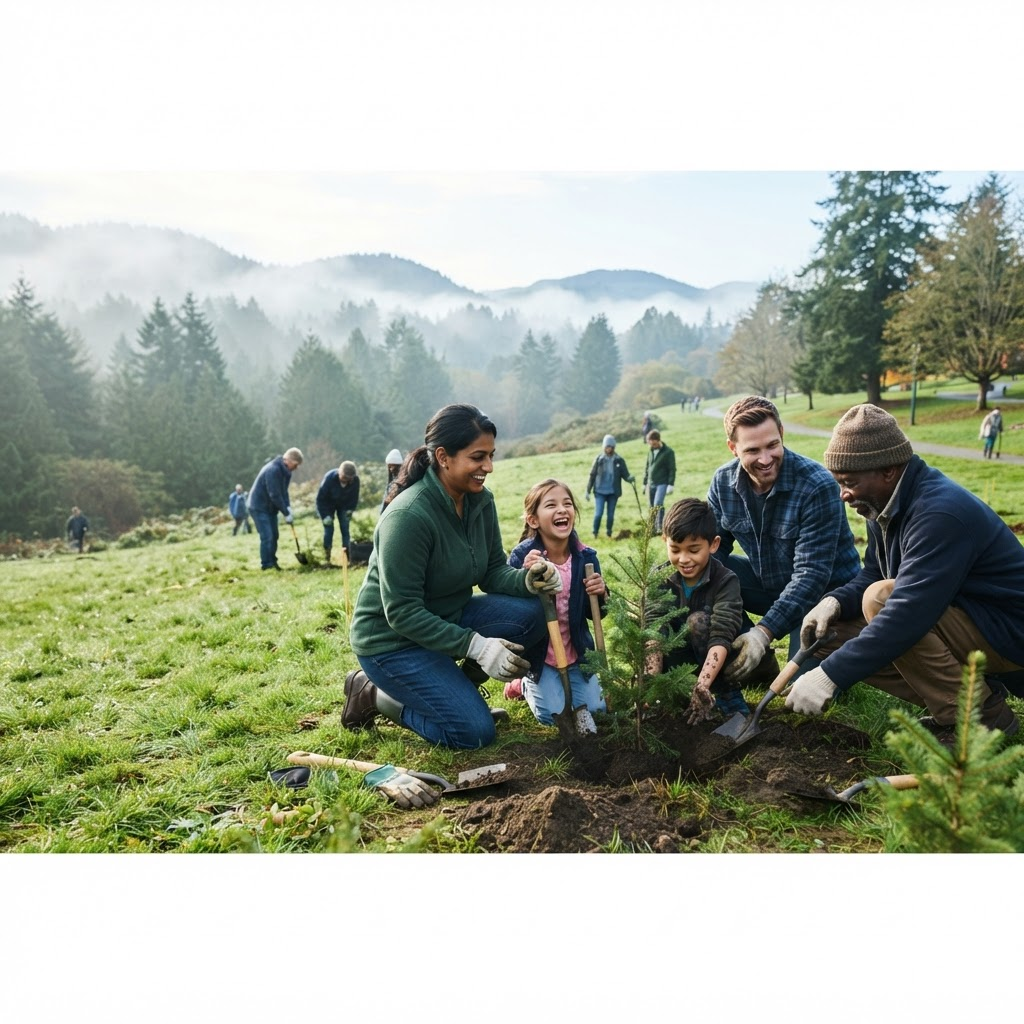 Volunteers planting young trees together in a community park